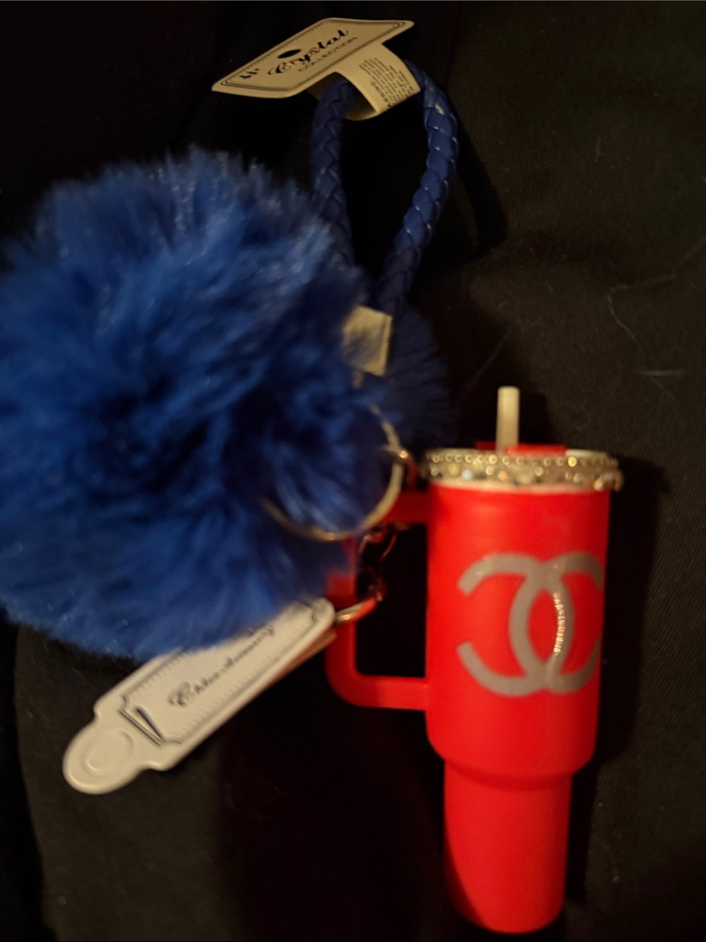Blue Pom Pom Keychain with Red Cup Charm
